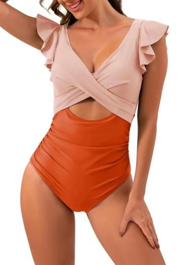 One-Piece | Orange Color Block Cut Out Criss Cross One Piece Swimsuit - Women