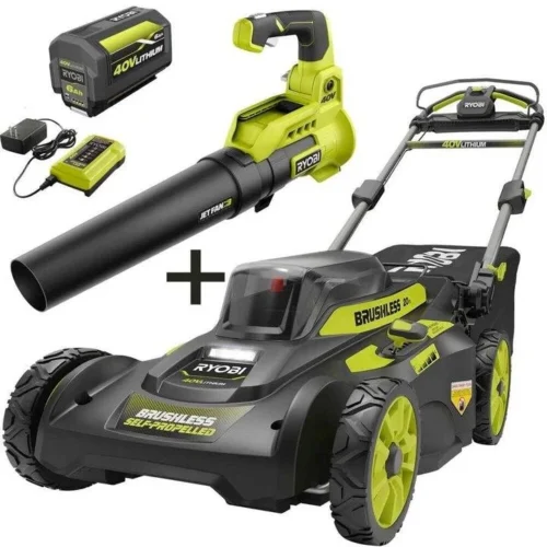 ryobi-20 in. 40-Volt Brushless Lithium-Ion Cordless Self-Propelled Walk Behind Lawn Mower & Blower w/ 6.0 Ah Battery & Charger